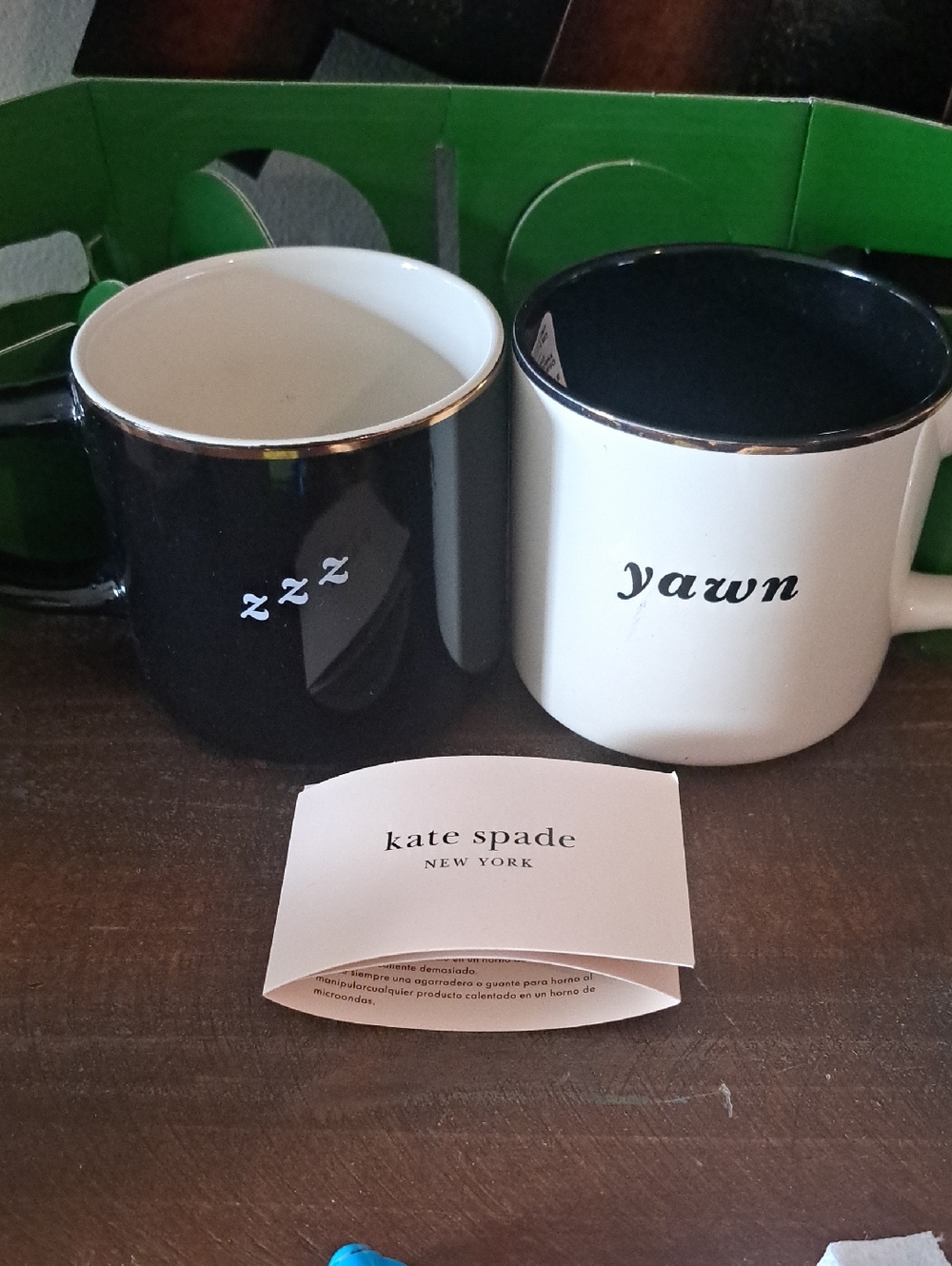 kate spade Black & White 'yawn' and 'zzz' Mug Set With Gold Rim